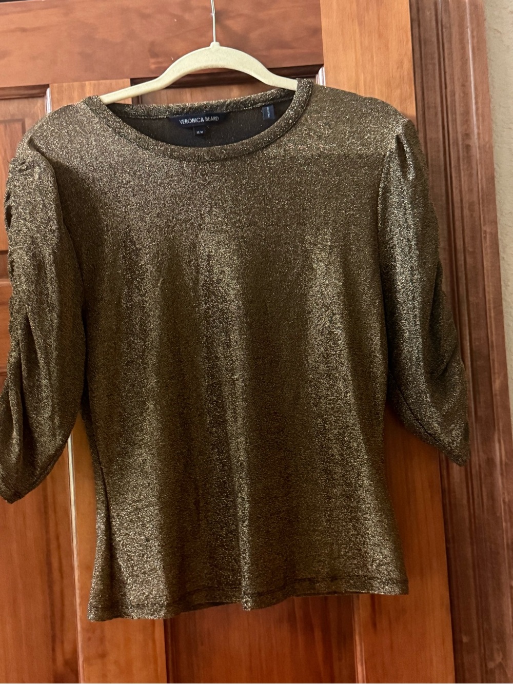 VERONICA BEARD Metallic Gold Ruched Sleeve Women's Top